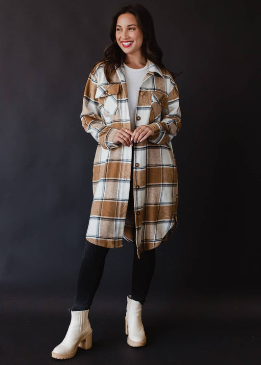 Tan, Cream & Gray Plaid Long Flannel Jacket