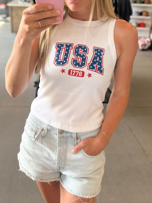 USA 1776 Micro Rib Crop Tank Top