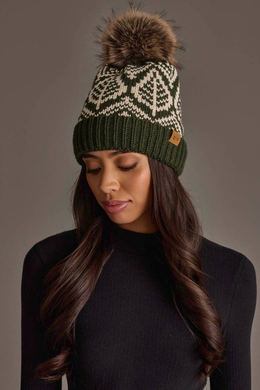Olive & Beige Patterned Knit Beanie Pom Hat