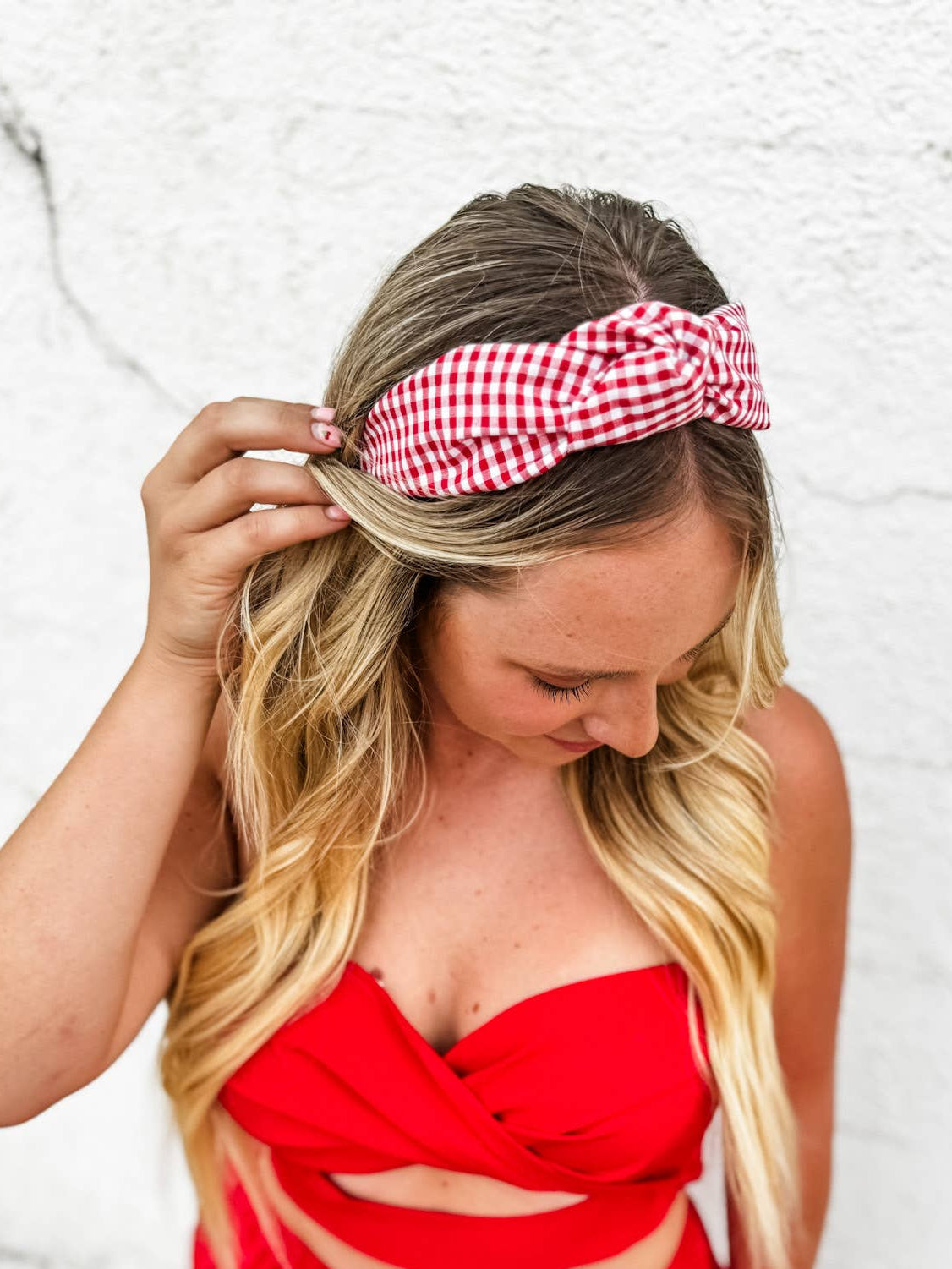 Red Gingham Structured Headband