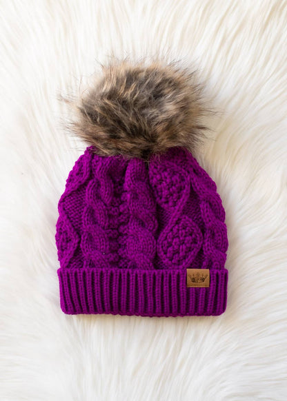 Purple Cable Knit Pom Hat