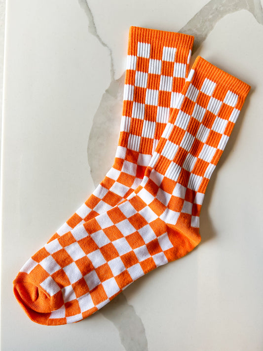 Orange Checkerboard Mid-Length Crew Socks