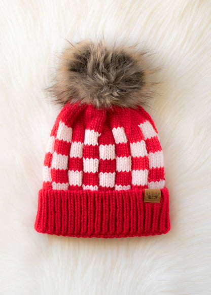 Red & Pink Checkered Pom Hat