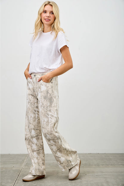 Mid Rise Camo Barrel Leg Jeans