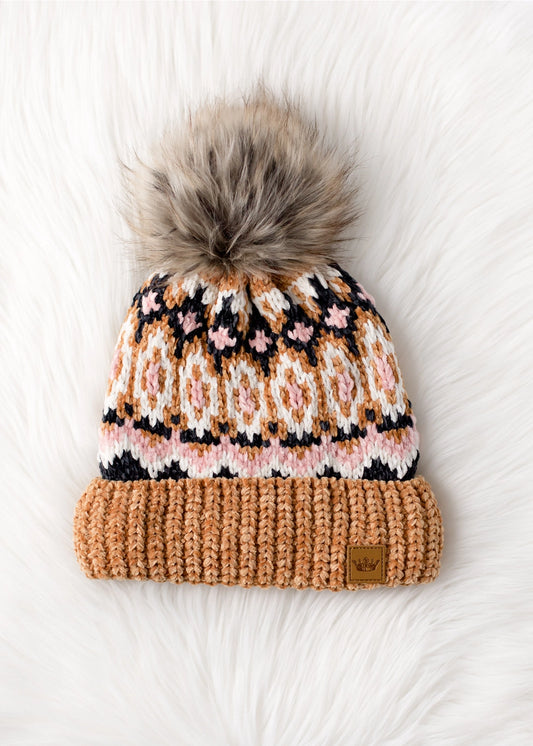 Camel Patterned Knit Pom Hat