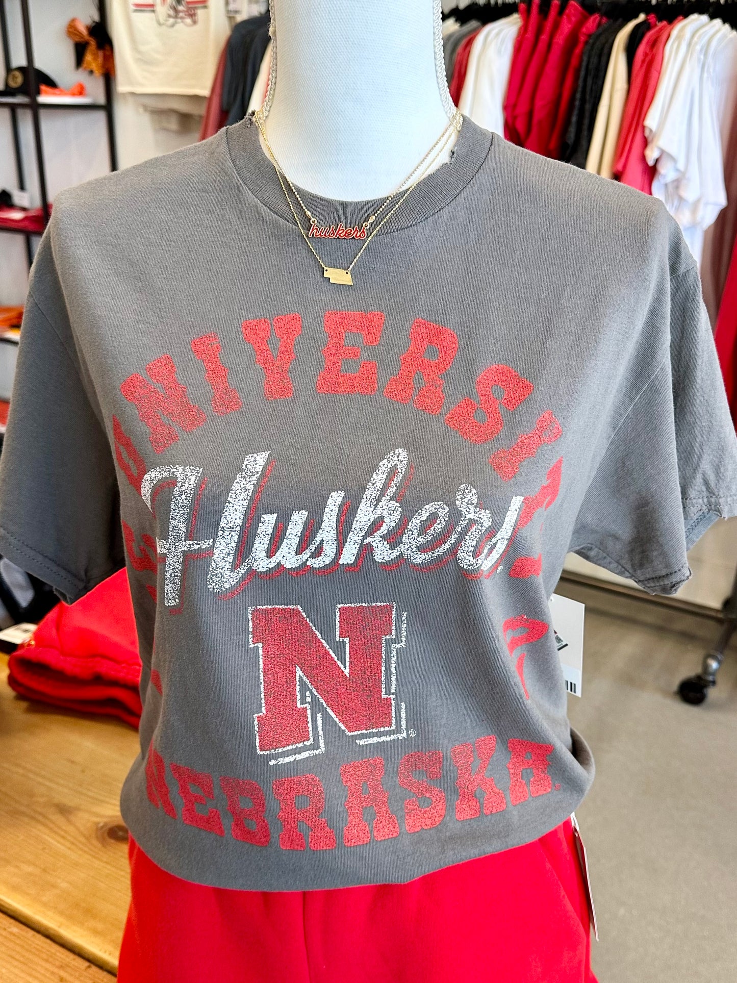 Nebraska Husker Charcoal Thrifted T-Shirt