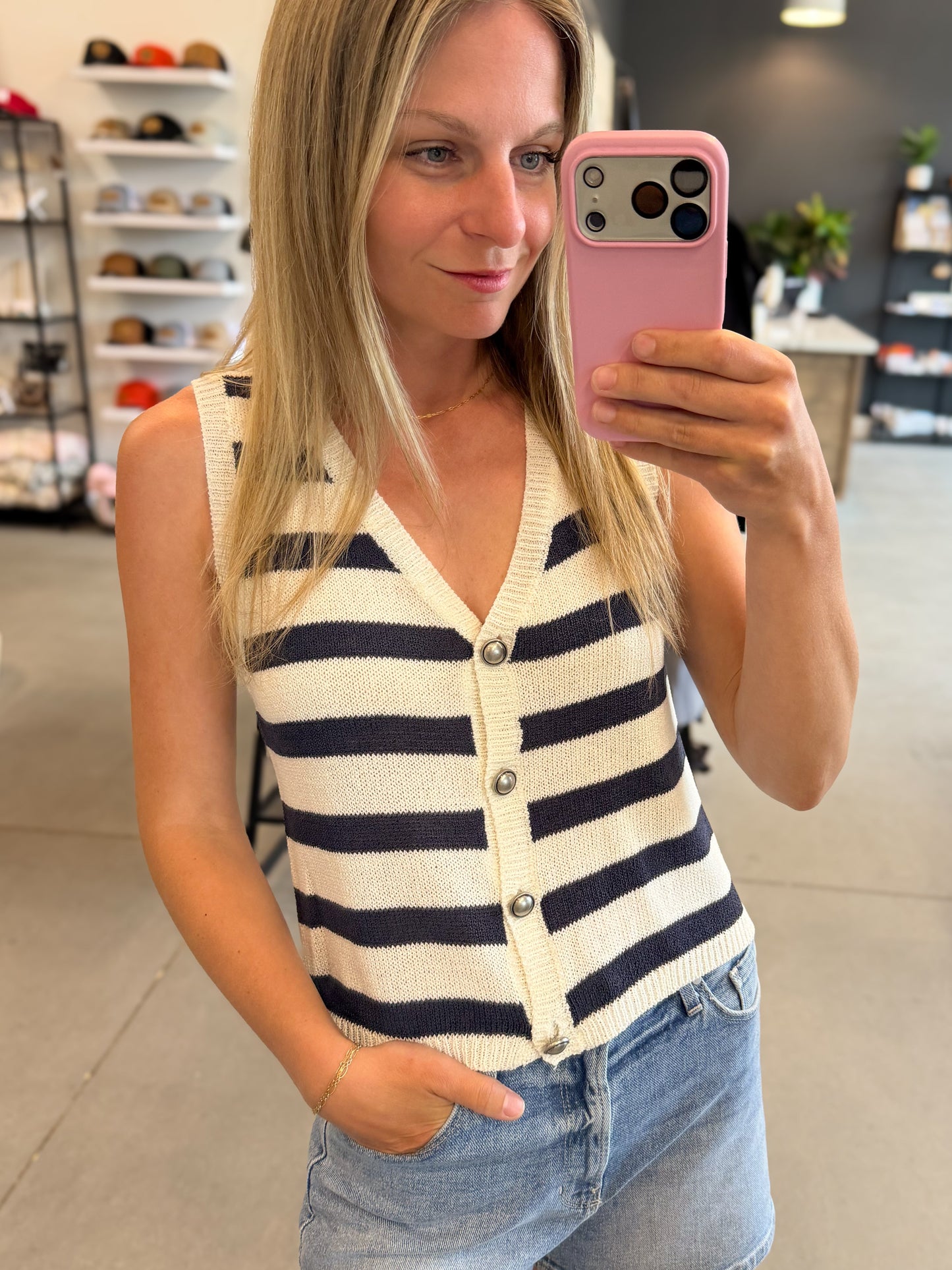 Navy Striped Button-Front Knit Vest Top