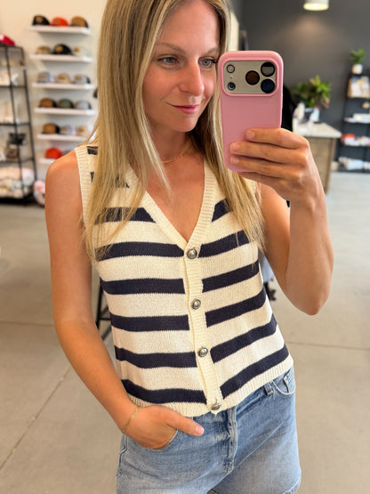 Navy Striped Button-Front Knit Vest Top