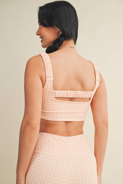 Black Gingham Print Ruched Bra Top