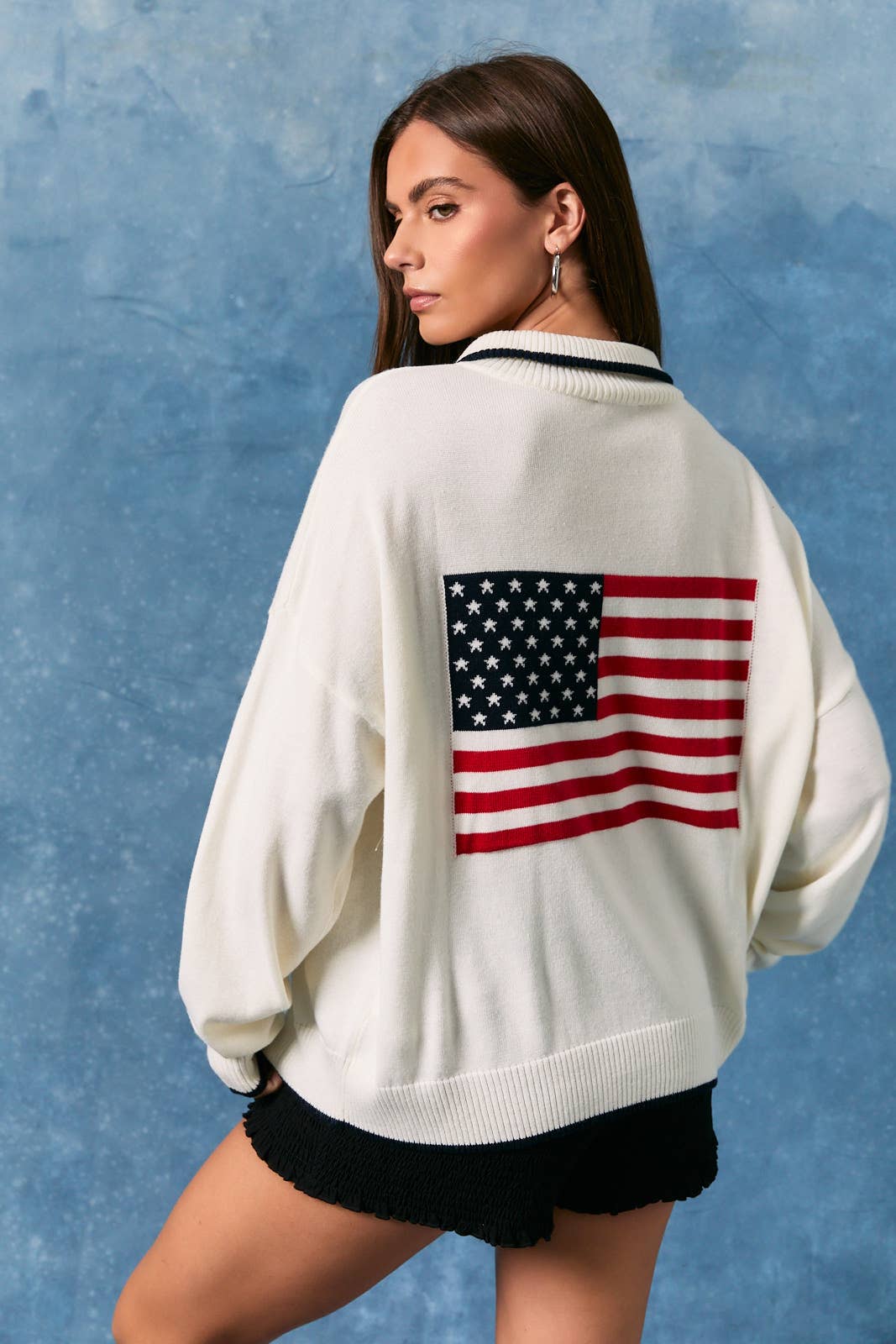 USA Flag Knit Quarter Zip Sweater