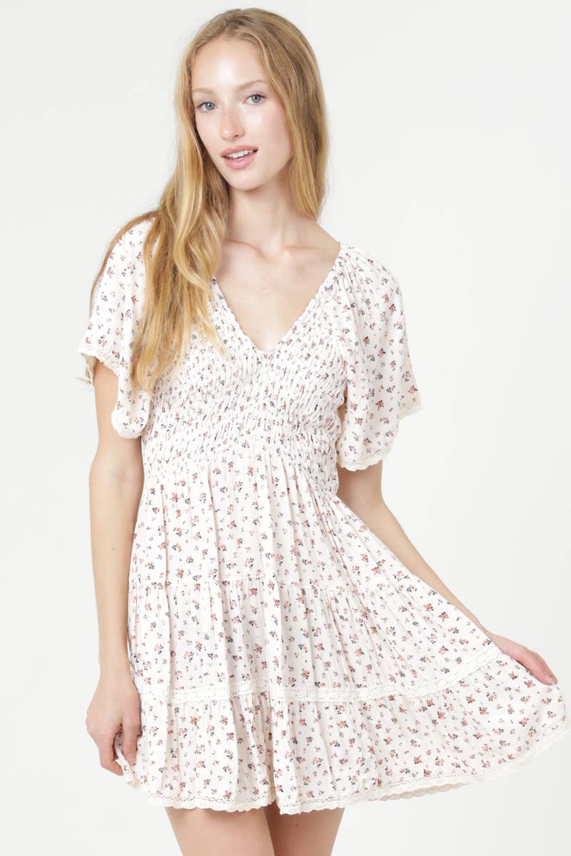 Floral V-Neck Smocked Lace Trim Dress