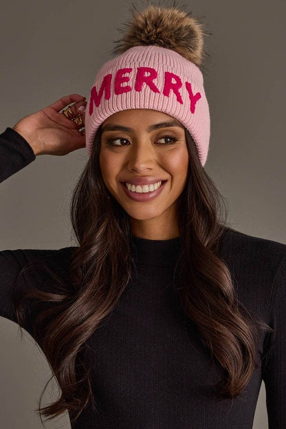 Pink Merry Knit Beanie Pom Hat
