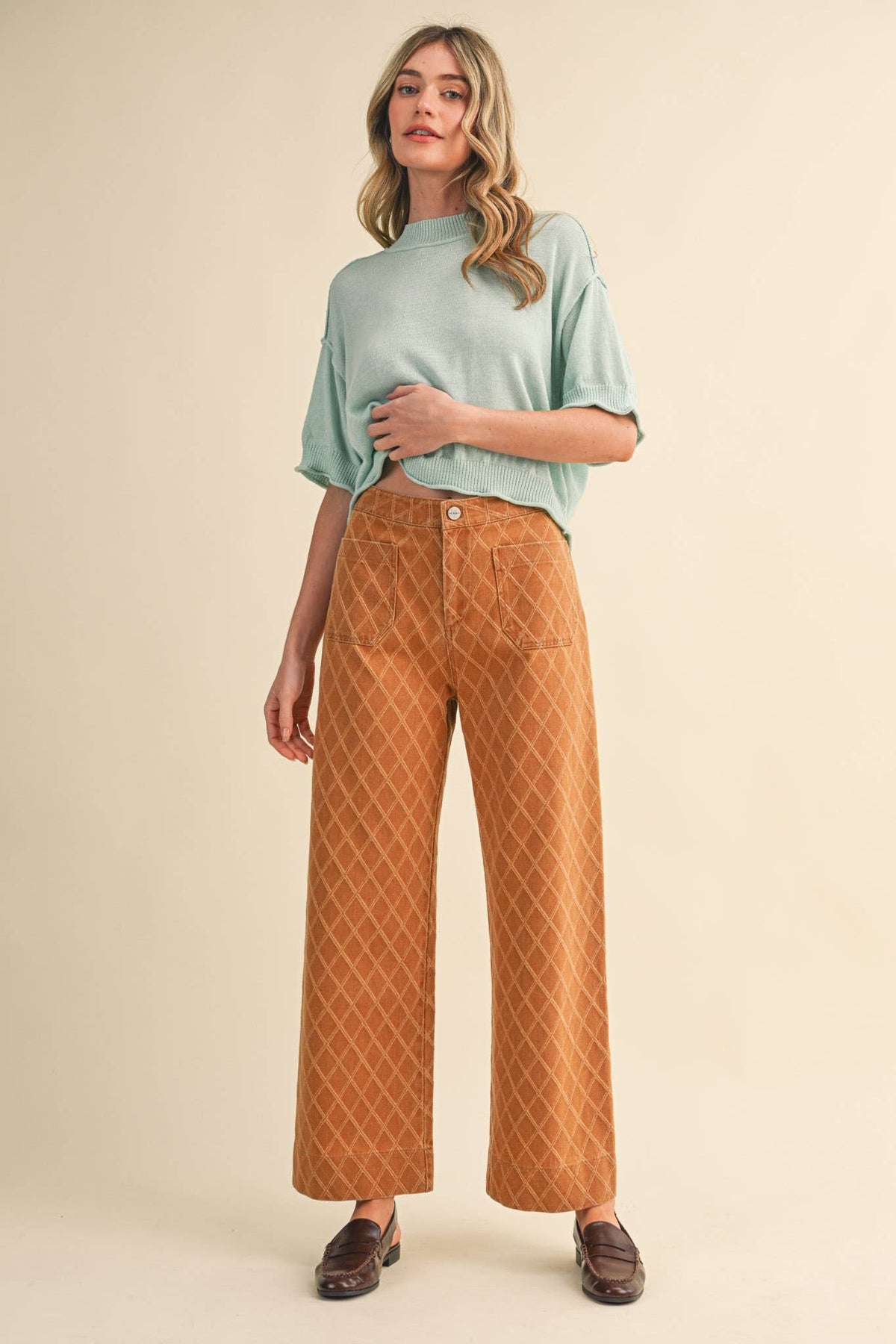 High Waist Diamond Texture Wide Leg Pants