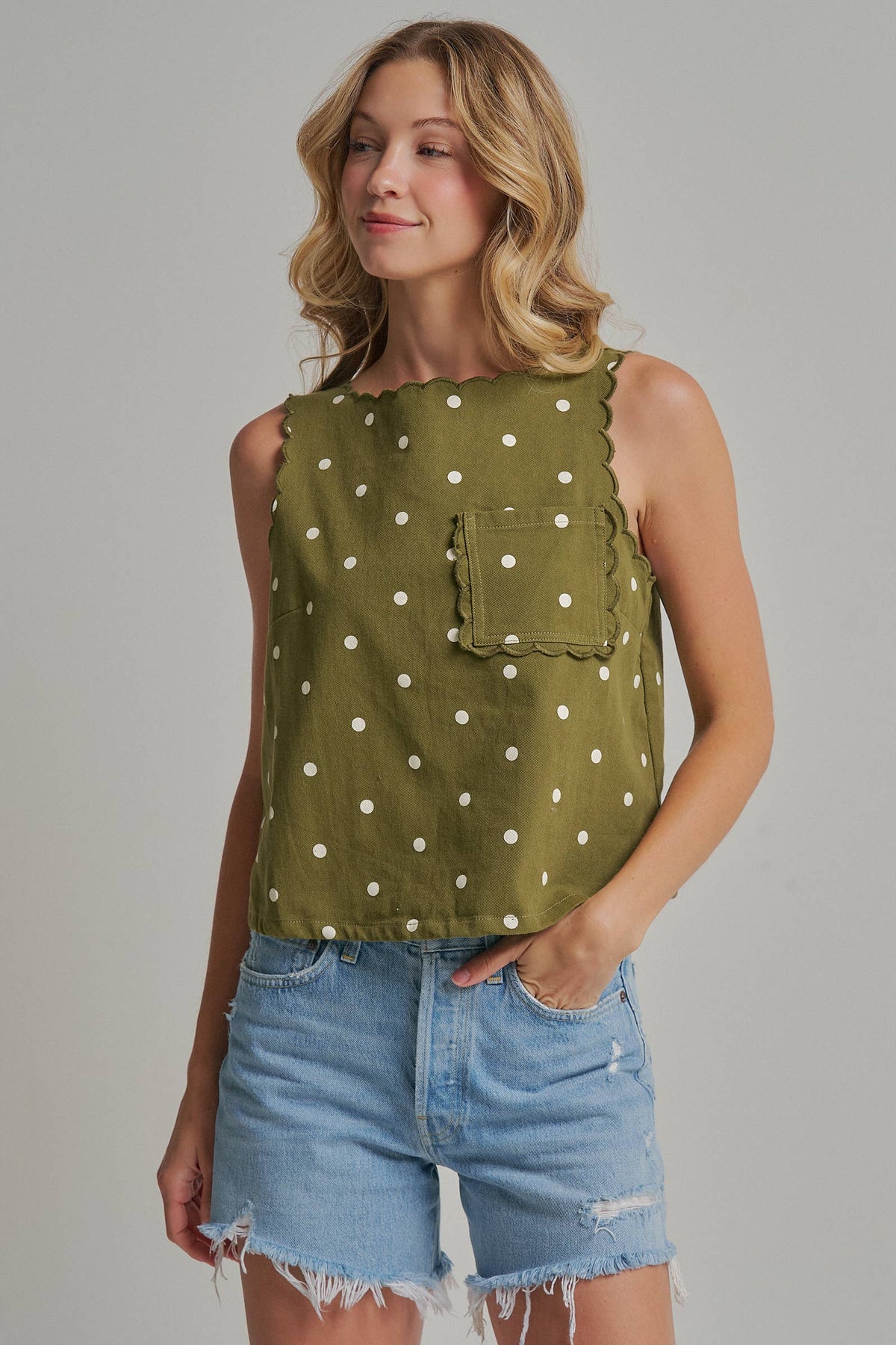 Polka Dot Twill Top with Pocket