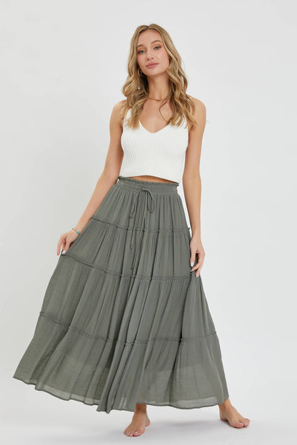 Olive Tiered Maxi Skirt