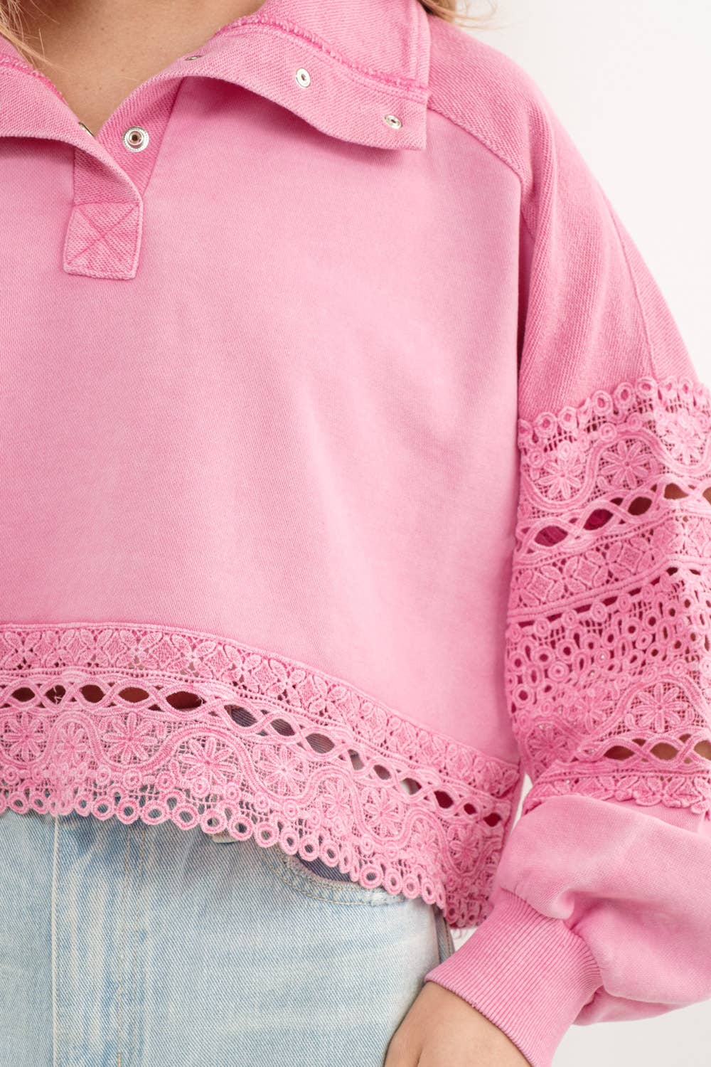 Pink Garment Washed Lace Edge Top