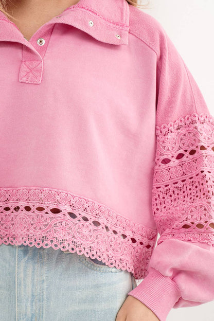 Pink Garment Washed Lace Edge Top