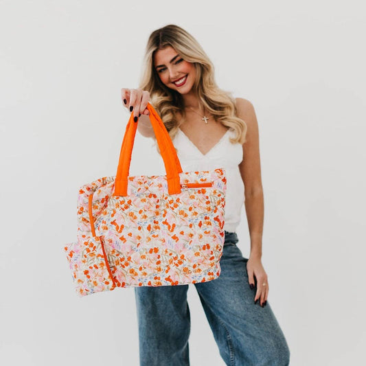 Orange Floral Orange Floral Puffer Quilted Tote Bag With Pouch