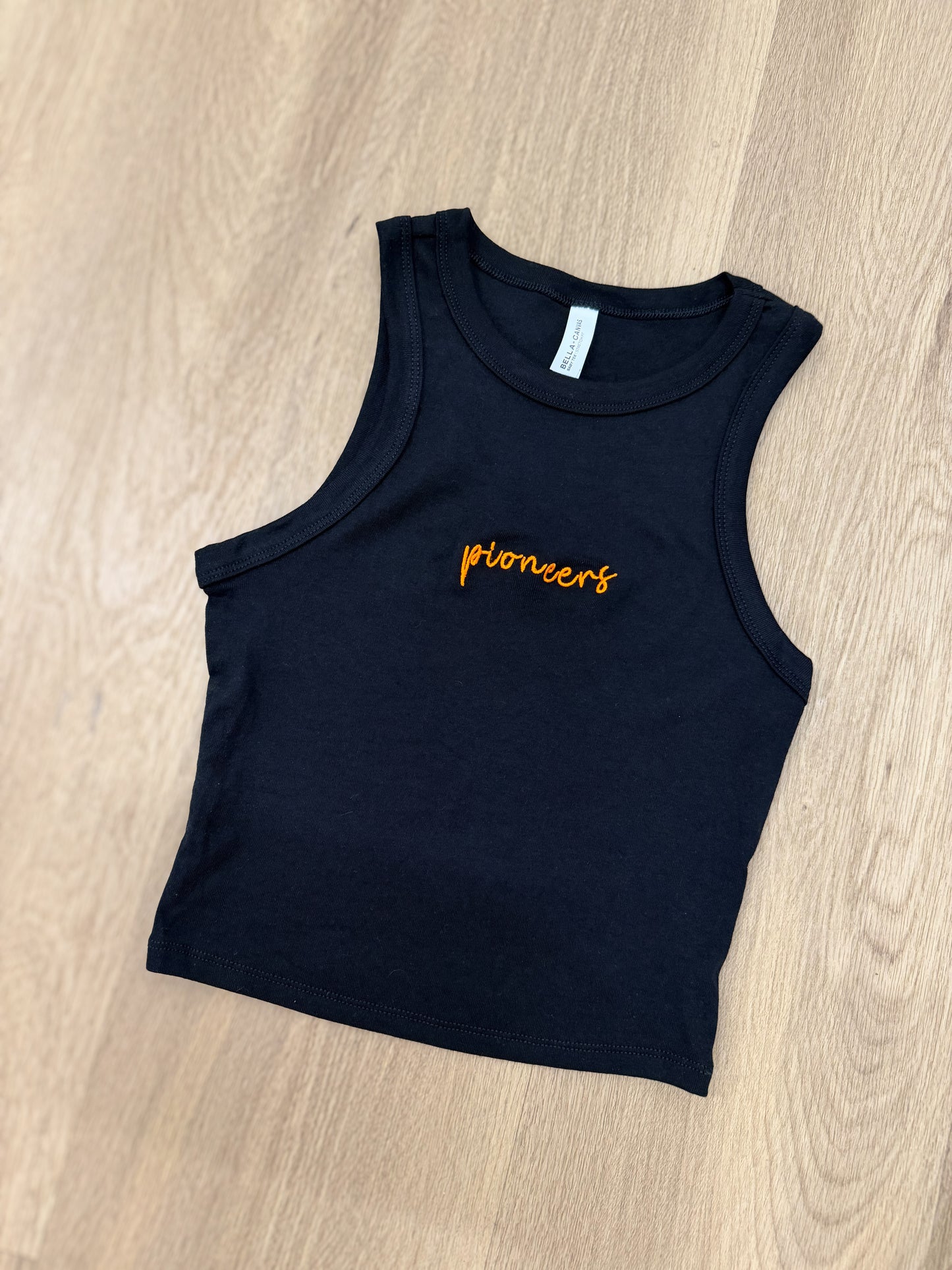 Pioneers Embroidered Micro Rib Crop Tank Top
