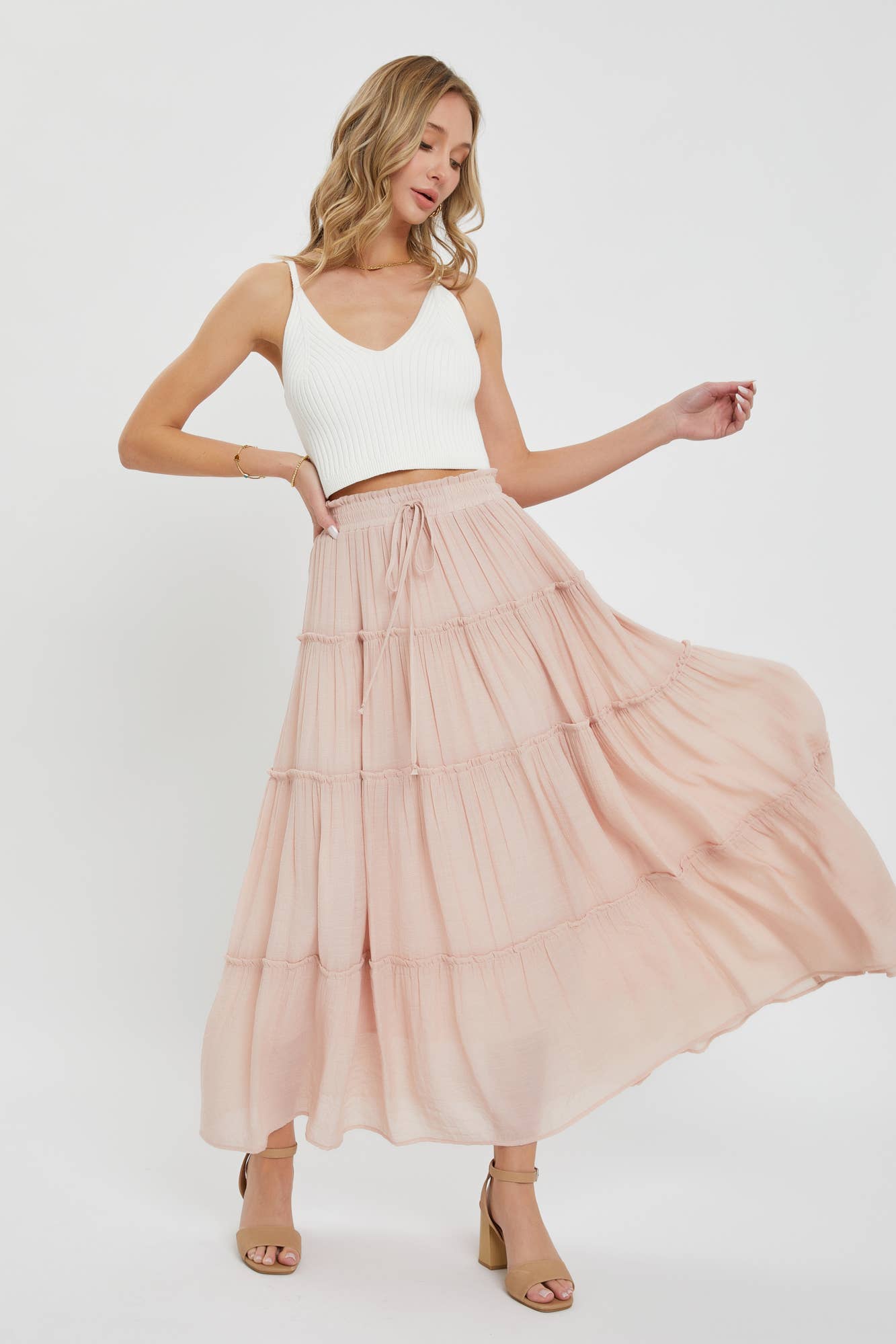 Nude Blush Tiered Maxi Skirt