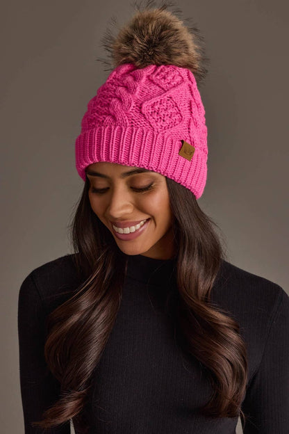 Bright Pink Cable Knit Beanie Pom Hat