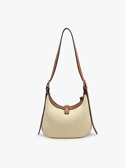 Straw Shoulder Bag w/ Top Zip & Twist-Lock Closure: Natural/Brown