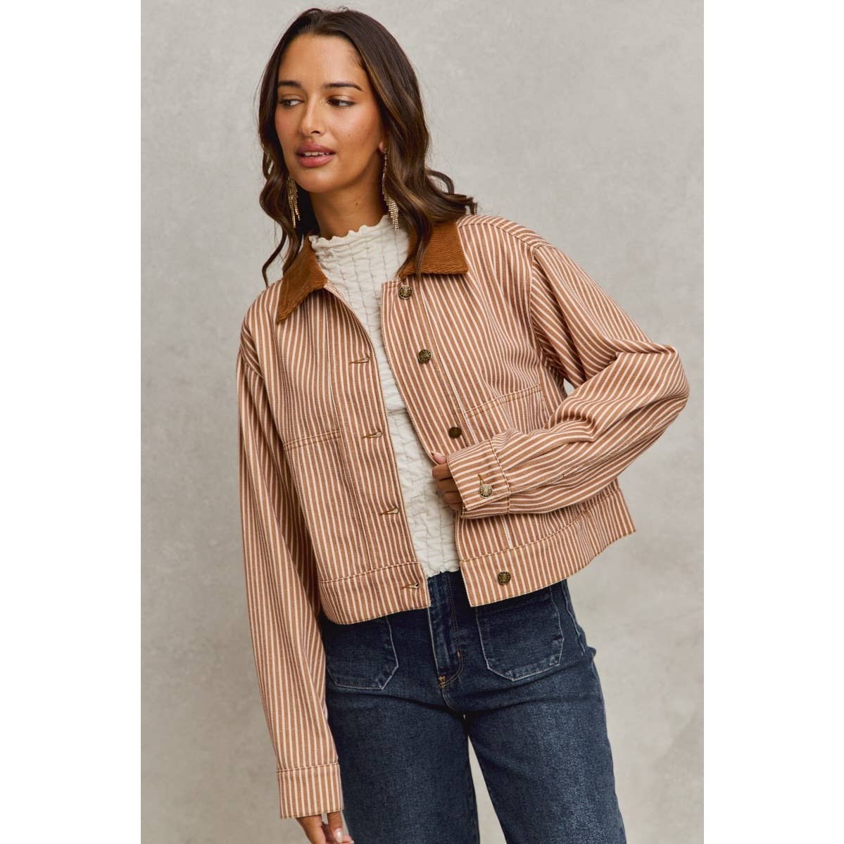 Stripe Twill Button Down Corduroy Collar Jacket