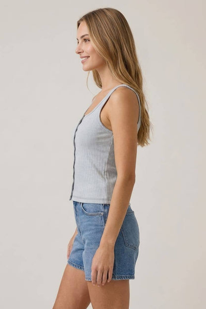 Square Neck Contrast Stitching Light Blue Tank Top
