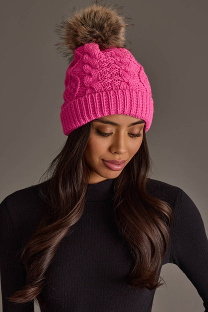 Bright Pink Cable Knit Beanie Pom Hat