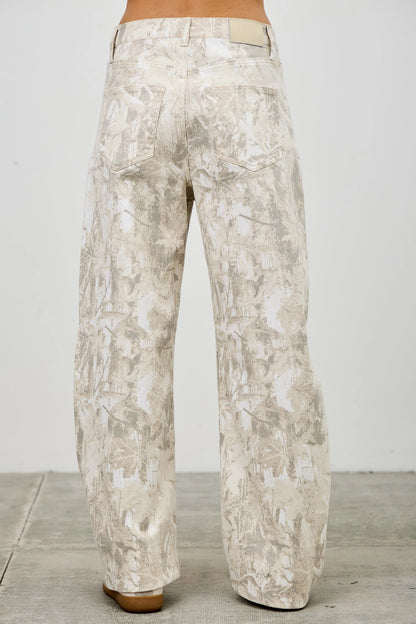 Mid Rise Camo Barrel Leg Jeans