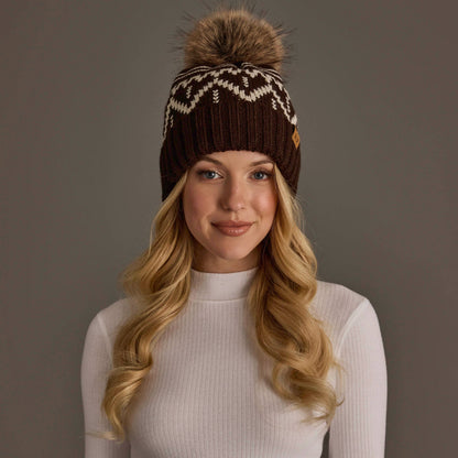 Chocolate Brown & Beige Patterned Beanie Pom Hat