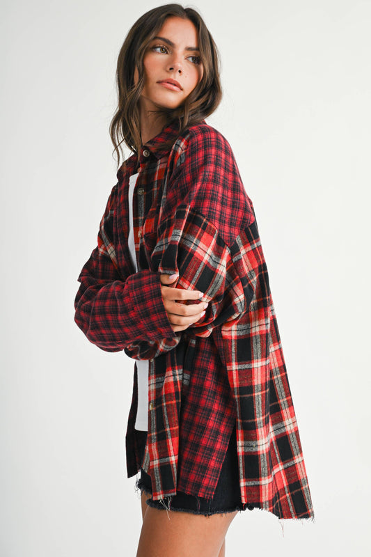 Red & Black Patchwork Plaid Oversized Flannel Shirt
