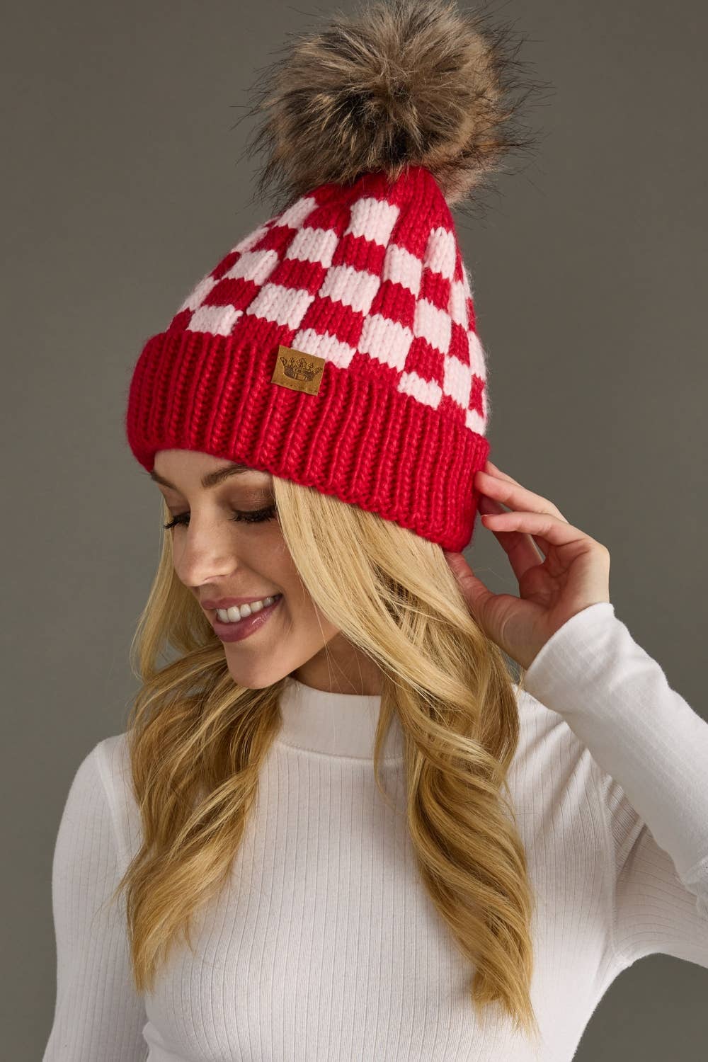 Red & Pink Checkered Pom Hat