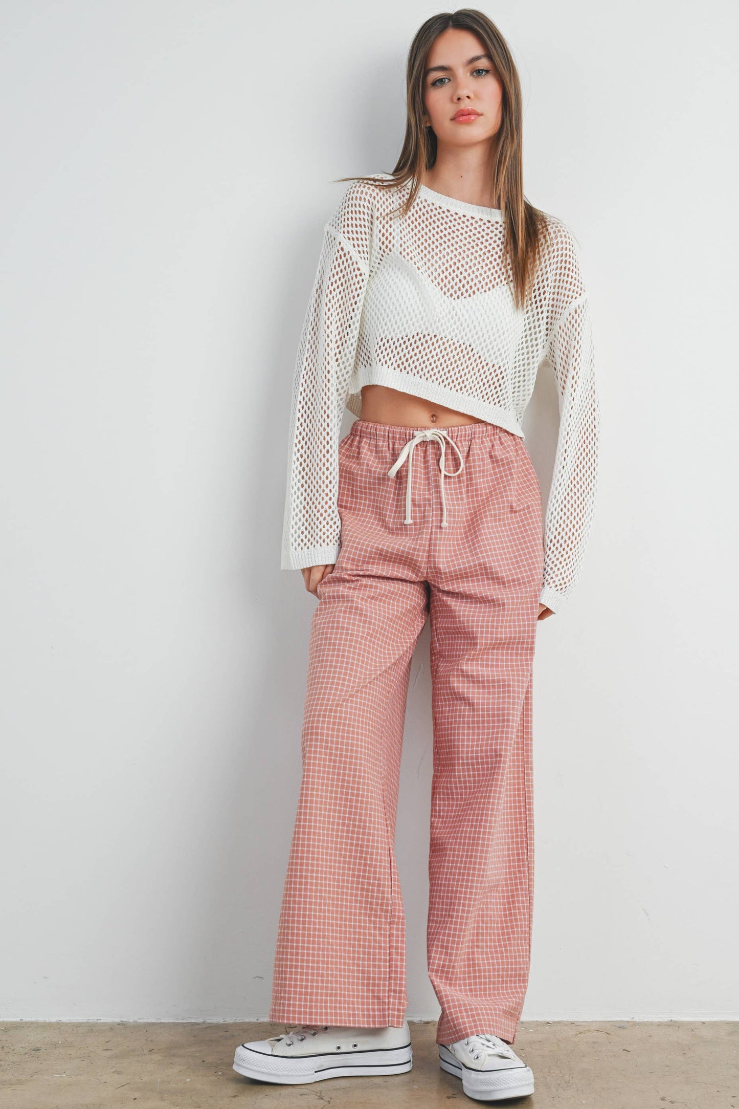 Rose Drawstring Check Pants