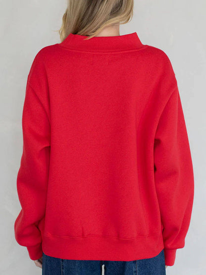 Red Mock Neck Pullover Sweatshirt