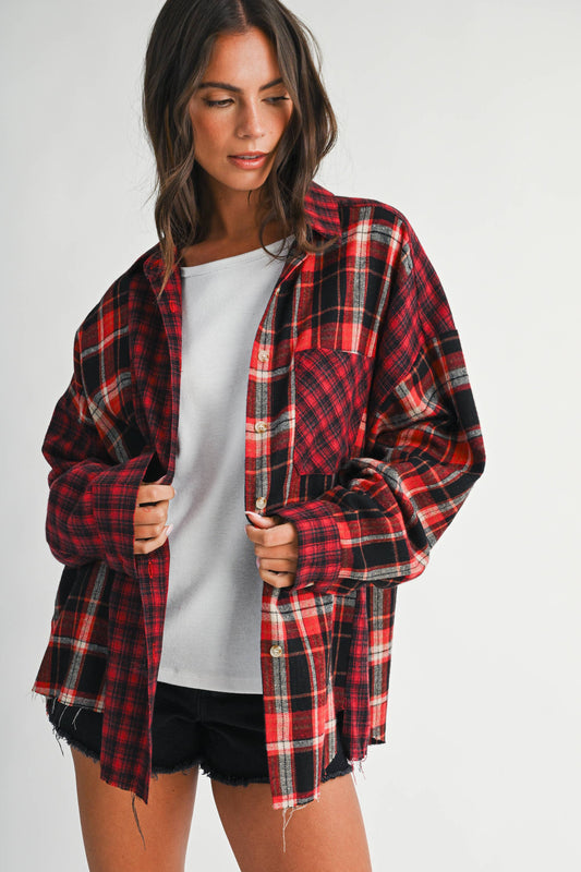Red & Black Patchwork Plaid Oversized Flannel Shirt