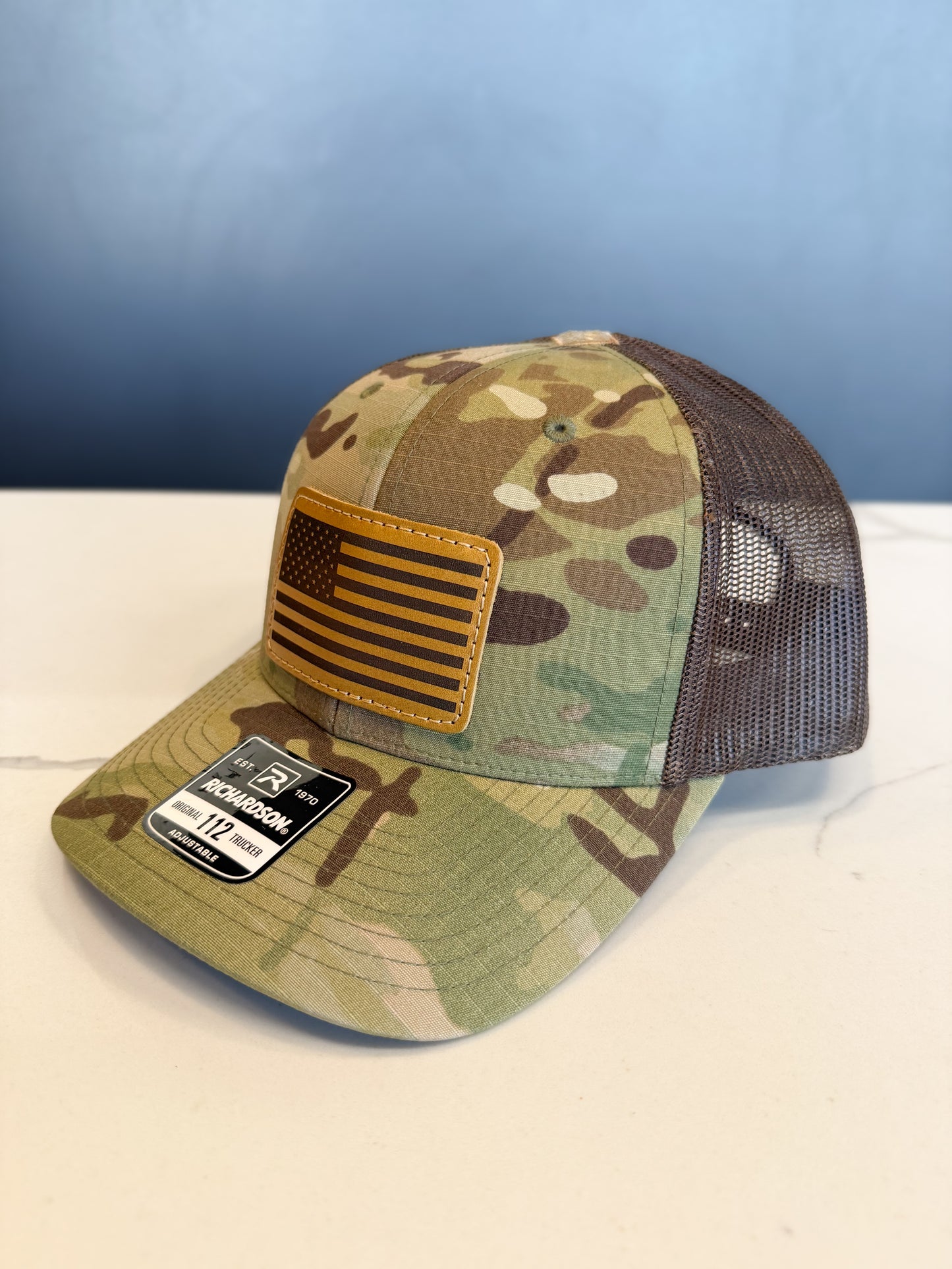 Camo American Flag Leather Patch Trucker Hat