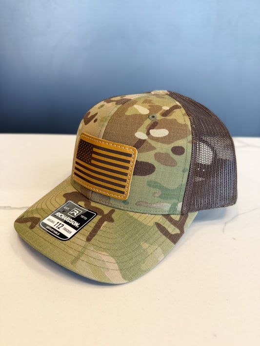 Camo American Flag Leather Patch Trucker Hat