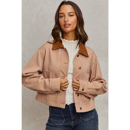 Stripe Twill Button Down Corduroy Collar Jacket