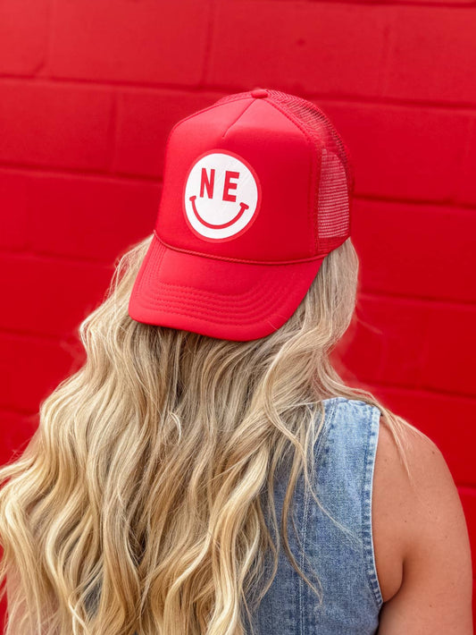 Red NE Smiley Trucker Hat