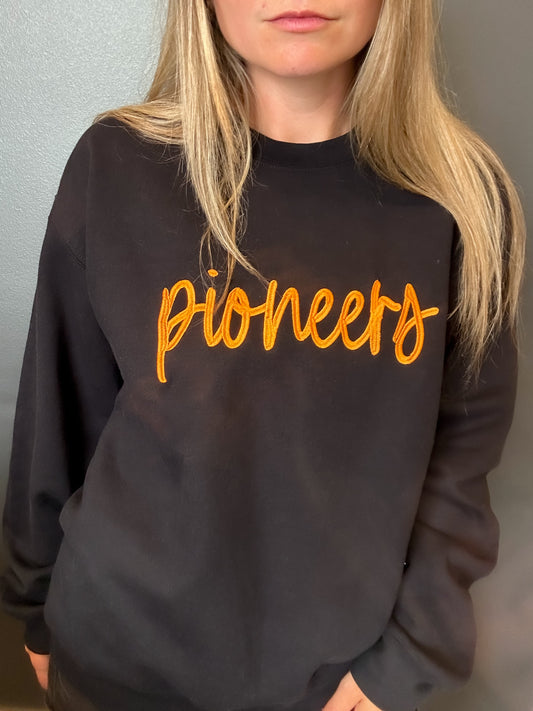 Pioneers Script Embroidered Black Crewneck Sweatshirt
