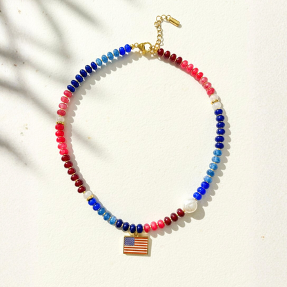American Flag Beaded Necklace with Pearl