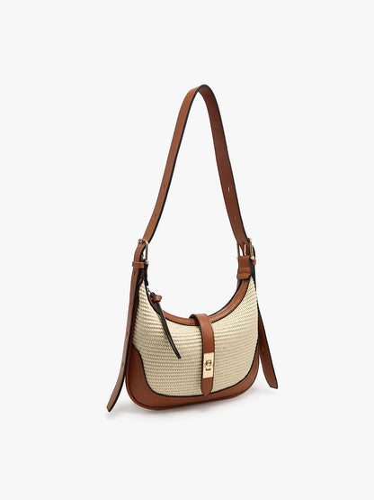 Straw Shoulder Bag w/ Top Zip & Twist-Lock Closure: Natural/Brown
