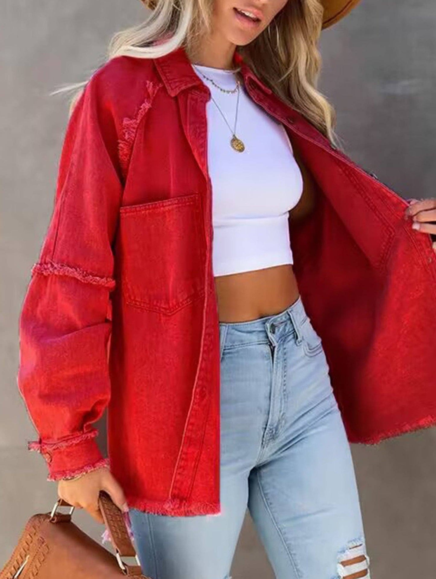Red Oversized Raw Edge Denim Jacket