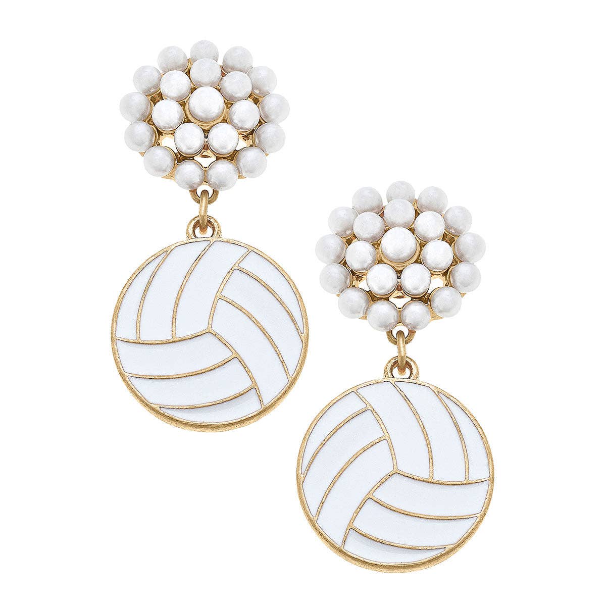 Volleyball Pearl Cluster Enamel Drop Earrings