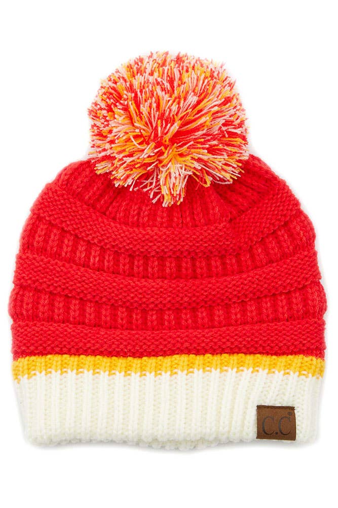 Red Yellow KC Ribbed Beanie with Pom Beanie