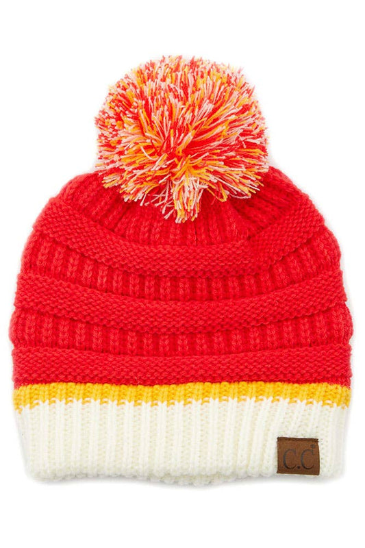 Red Yellow KC Ribbed Beanie with Pom Beanie