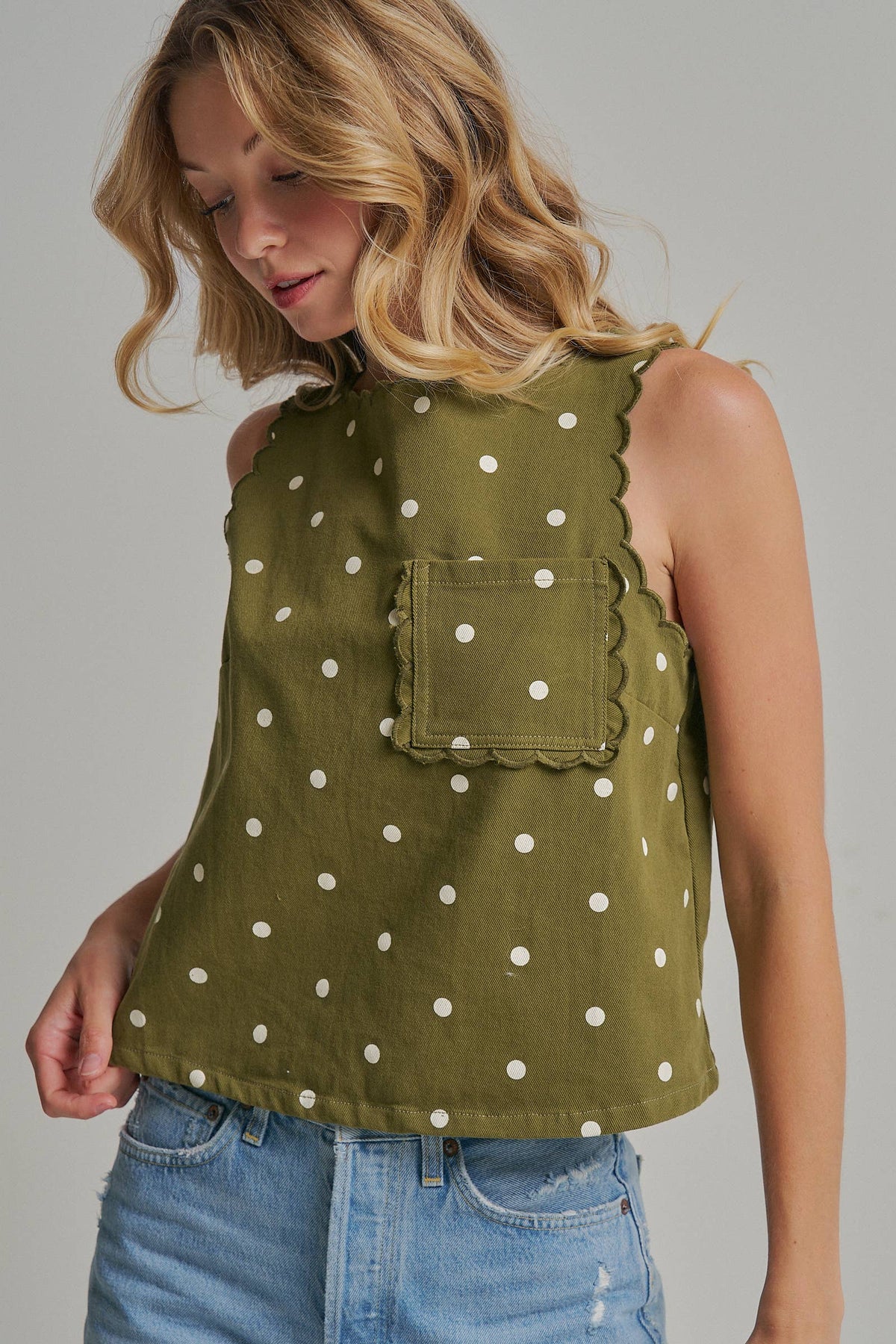 Polka Dot Twill Top with Pocket