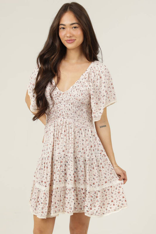 Floral V-Neck Smocked Lace Trim Dress