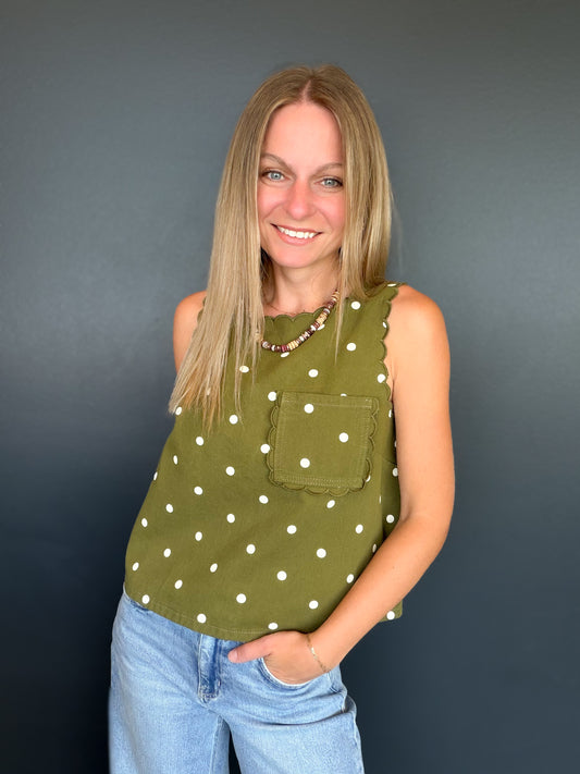 Polka Dot Twill Top with Pocket